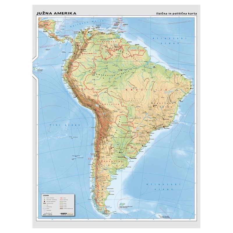 JUŽNA AMERIKA, stenski zemljevid - šolska karta 1:6M, 113x151 cm
