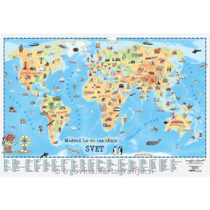 SVET, velika otroška stenska karta Medved Lovro 158x111 cm, ceradno platno