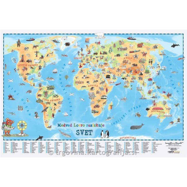 SVET, velika otroška stenska karta Medved Lovro 158x111 cm, ceradno platno