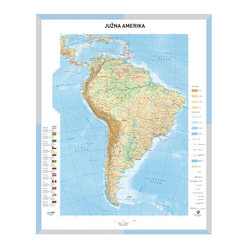 Šolska karta Južna Amerika  - Stenski zemljevid Južne Amerike 1 : 7500000